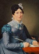 Portrat af Sarah Wolff f. Cruttendon siddende i bla kjole, skrivende et brev